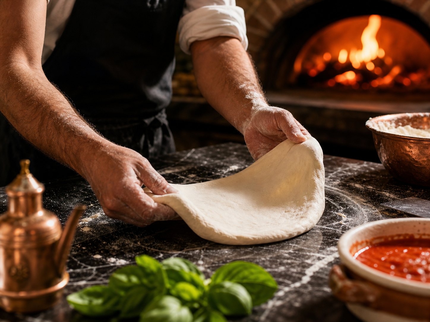 Pizzateig wird von Hand vorbereitet